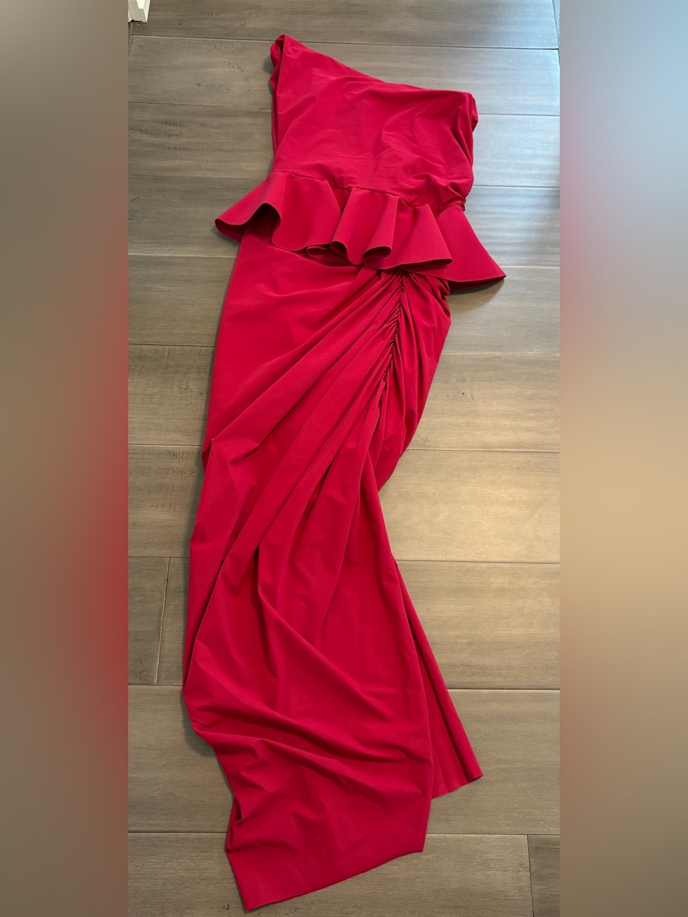 Chiara Boni raspberry red one shoulder peplum  ruched midi dress